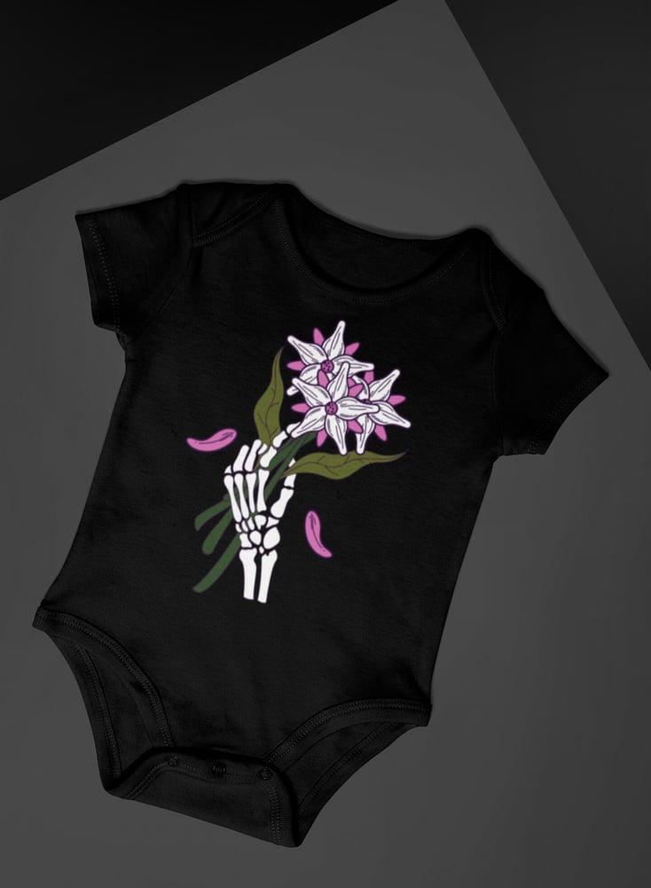 Black "Skeleton Hand W/Pink/White Flowers" Baby Onesie - Aygara