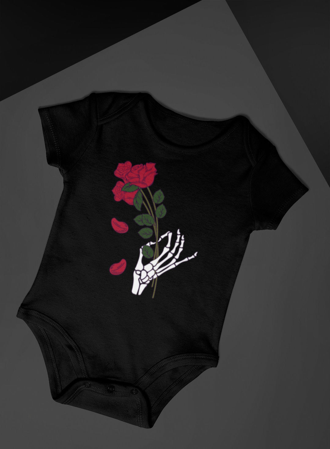 Black "Skeleton Hand w/ Dripping Rose Petals" Baby Onesie