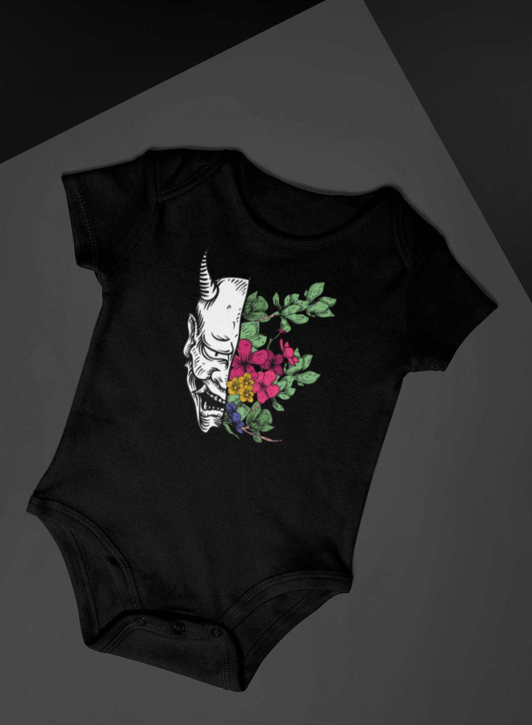 Black "Hannya Mask Half Flower Pot" Baby Onesie