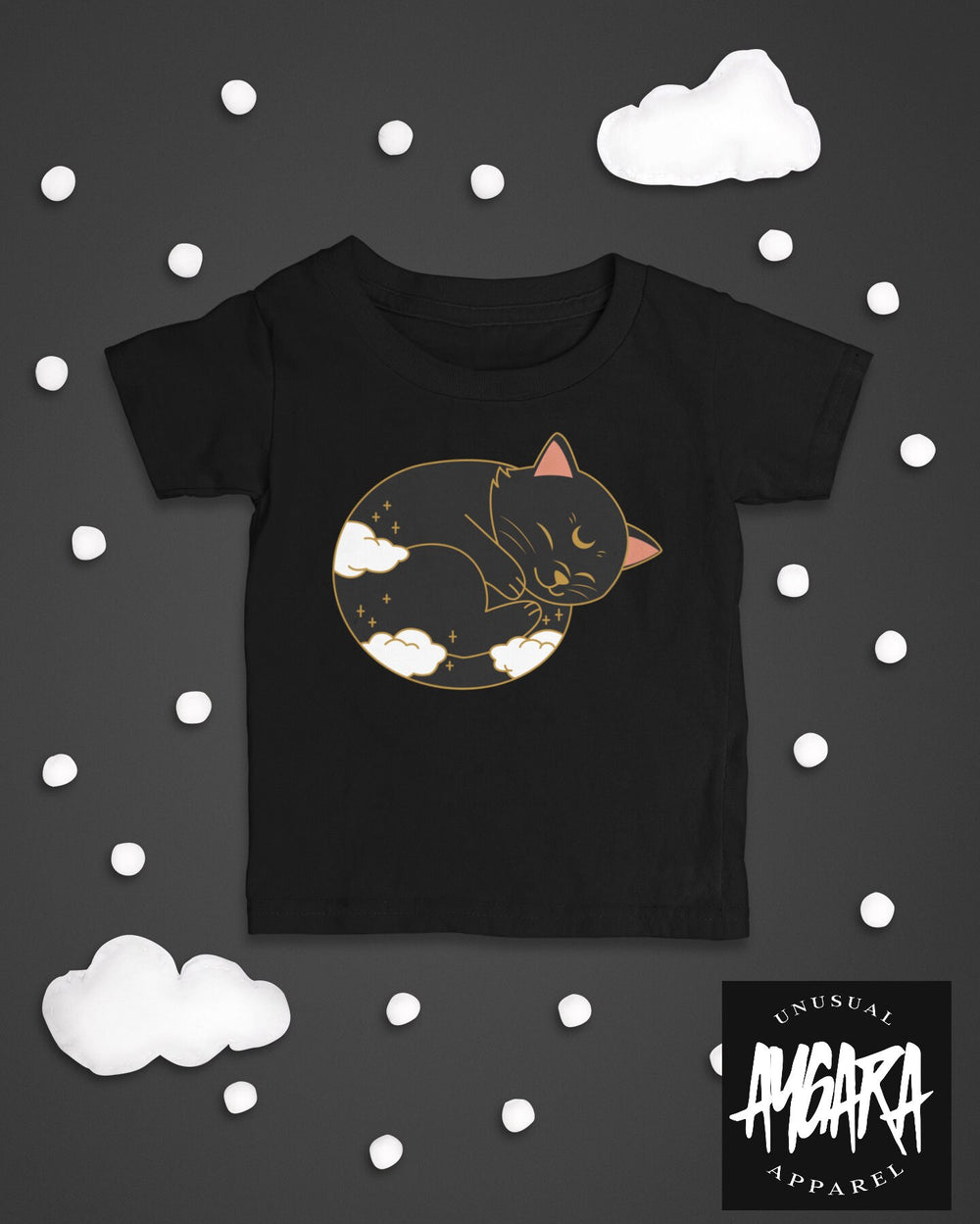 Baby-Youth Sleeping Moon Cat Black Onesie/T-Shirt