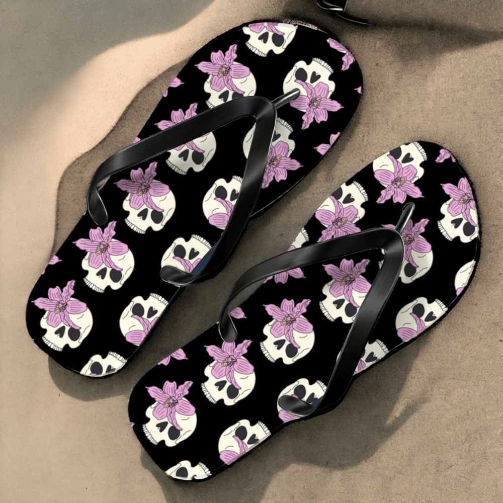 Skull + Flower Black Flip Flops - Aygara